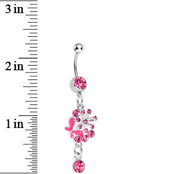 BodyCandy Single Gem Pink Floral Burst Butterfly Dangle Belly Ring — detail close-up