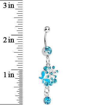 BodyCandy Single Gem Aqua Floral Burst Butterfly Dangle Belly Ring — detail close-up