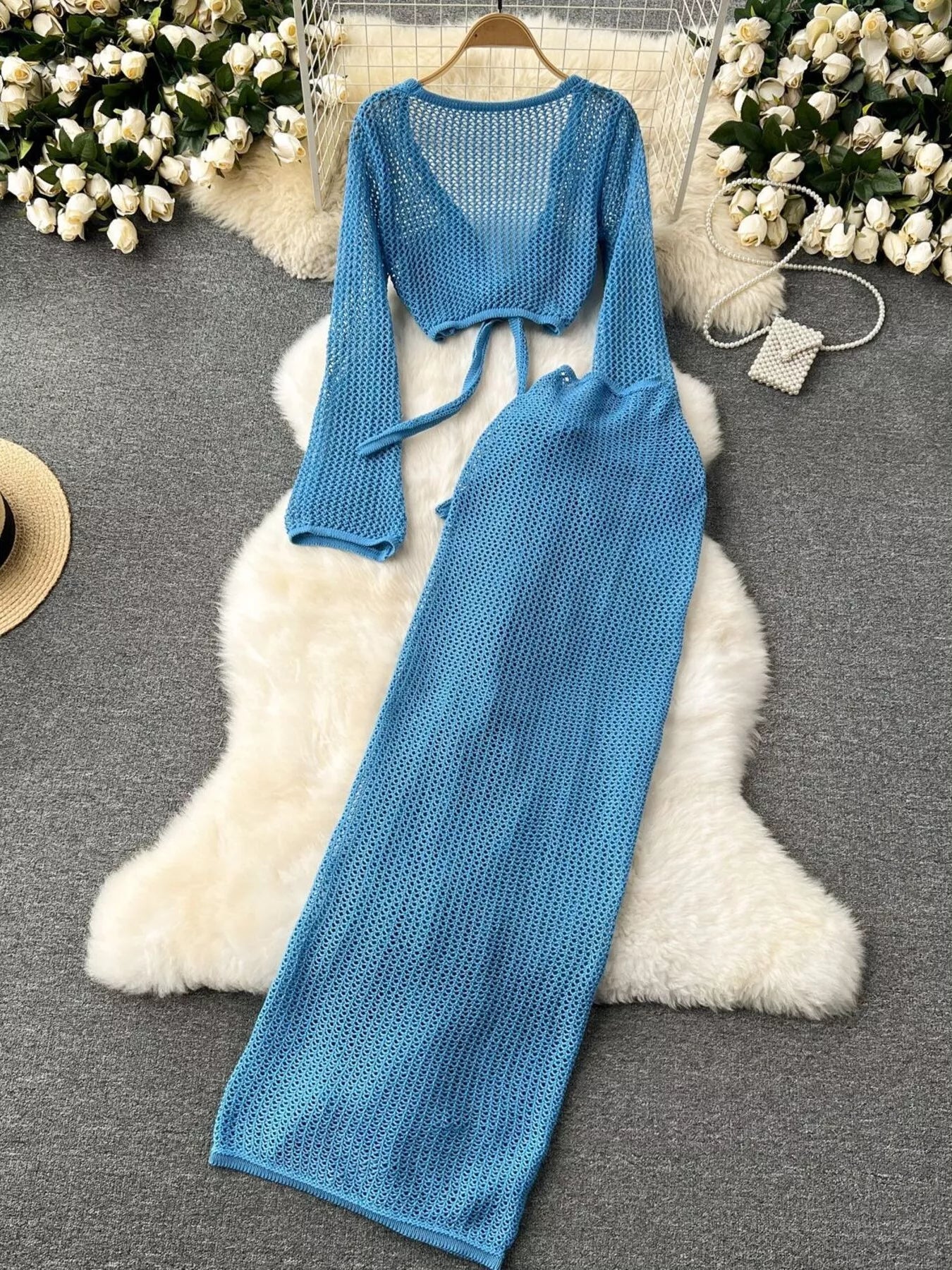 Knitted Crop Top and Slit Skirt Set