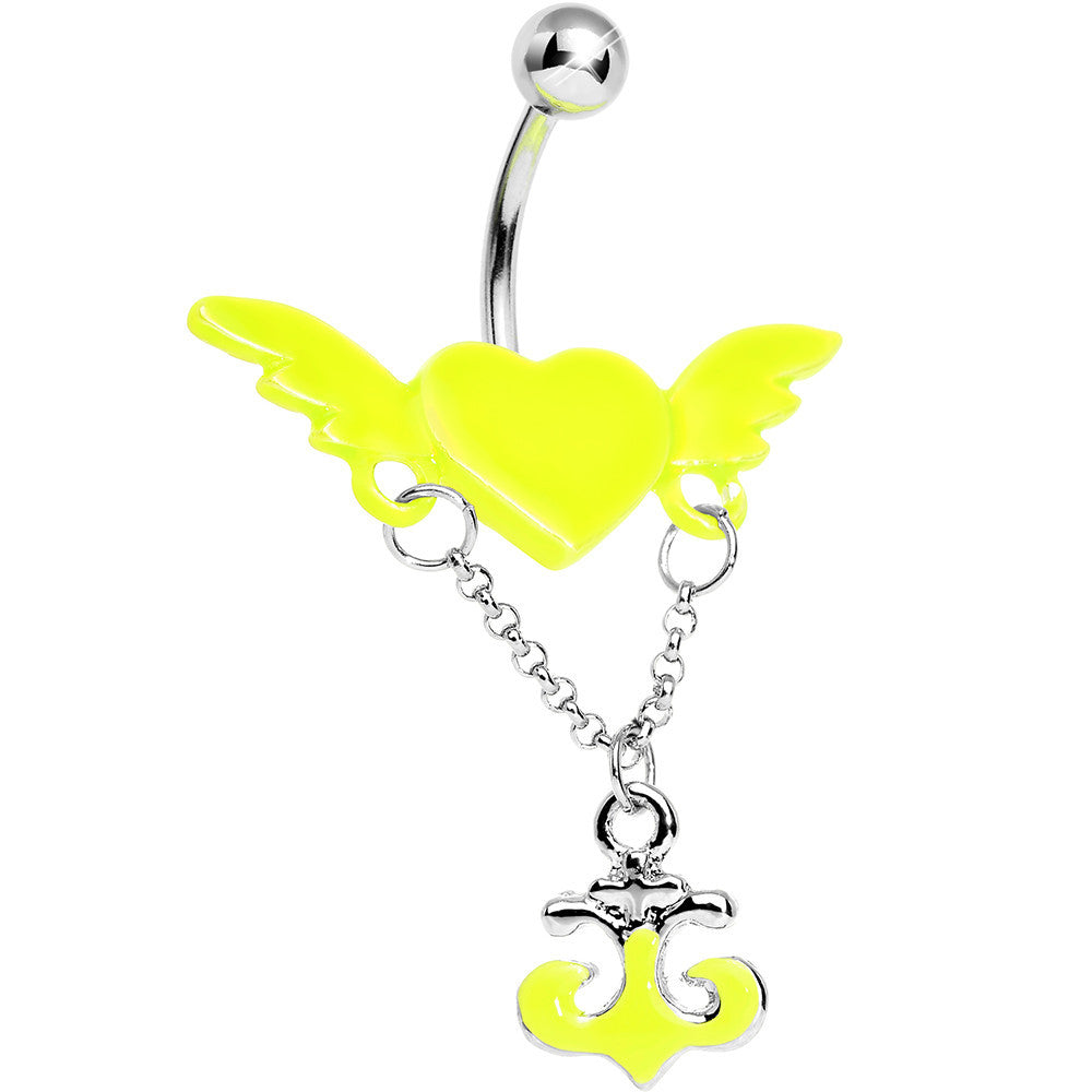 BodyCandy Neon Yellow Angel Wing Heart with Nautical Anchor Drop Dangle Belly Ring — main product shot