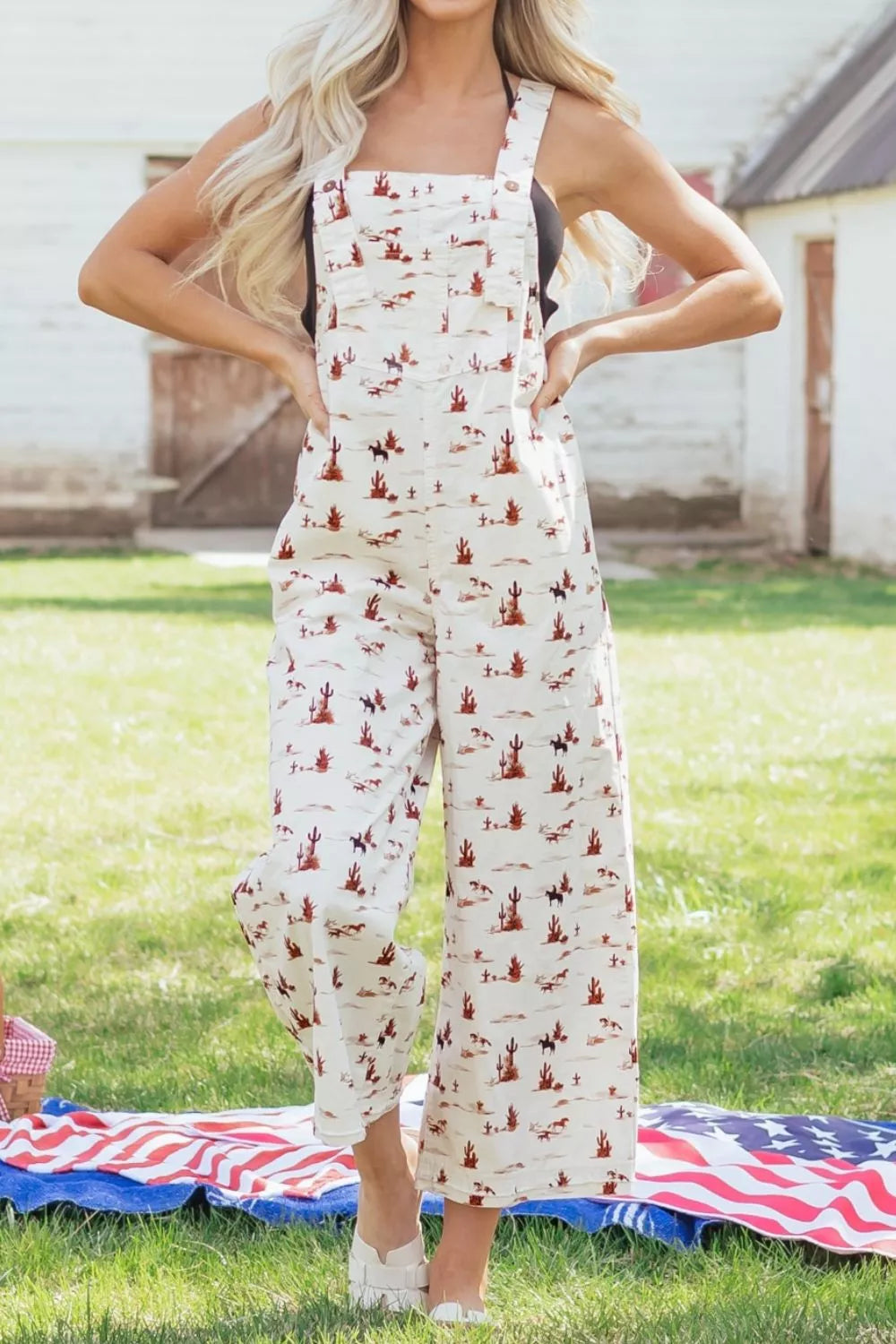 Western Printed Button Adjustable Straps Loose Jumpsuit
