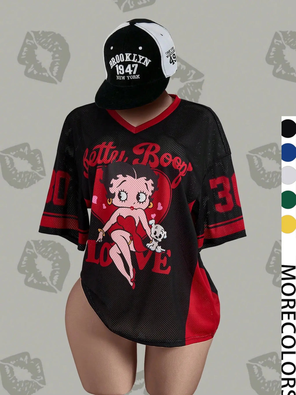 Streetwear Y2K Mesh Top – Vintage Doll Print V-Neck Shirt, Breathable Retro Aesthetic for Women