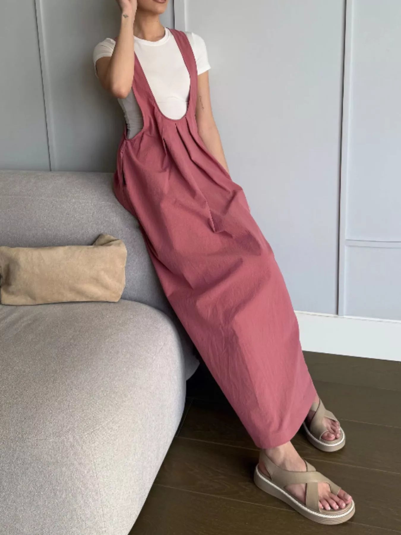 Pleated Overall Dress with Pockets