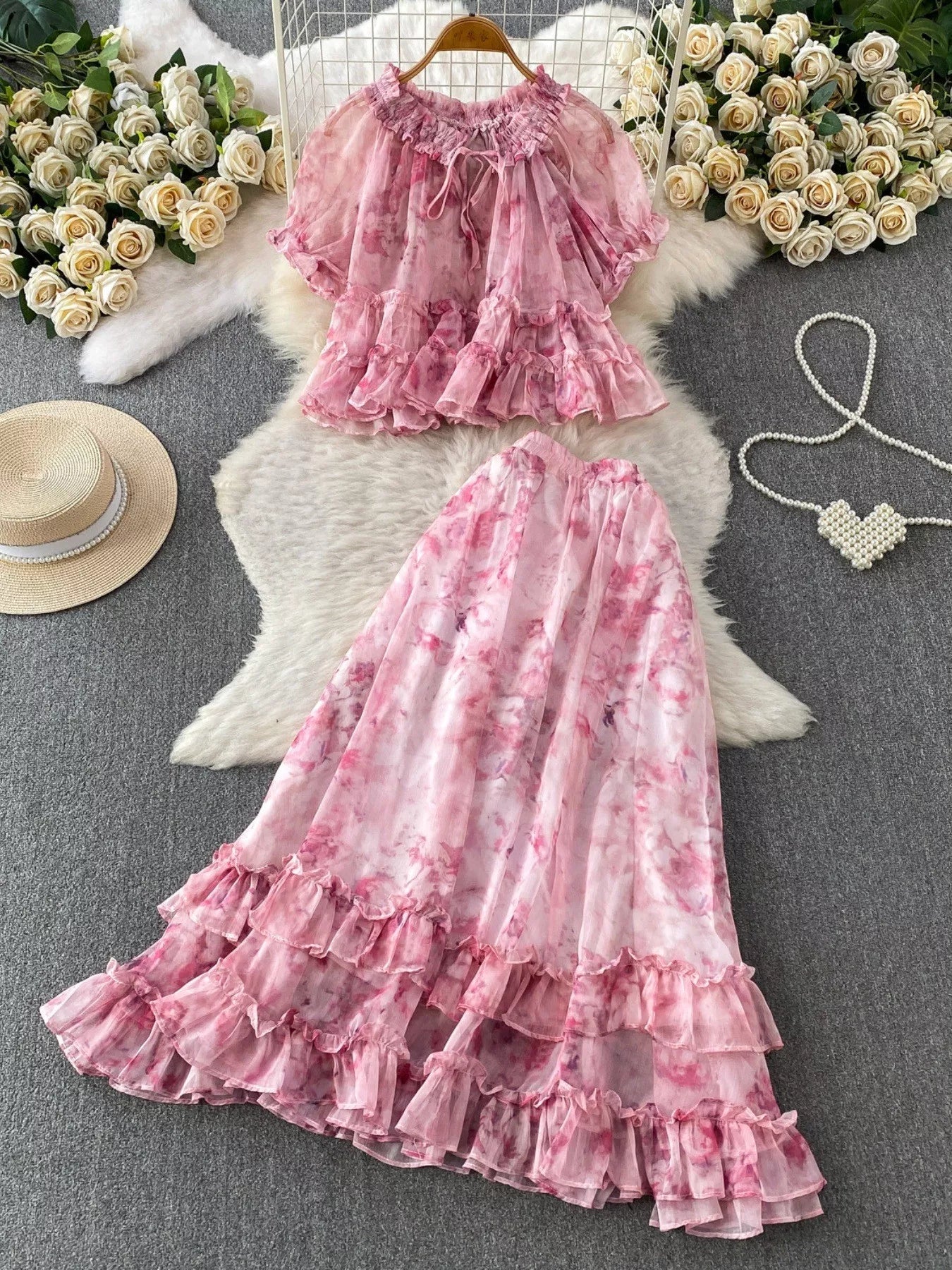 Floral Print Ruffle Hem Blouse and Skirt Set