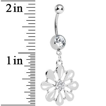 BodyCandy Clear Gem Pretty White Petals Flower Charm Belly Ring — detail close-up