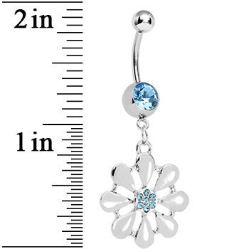 BodyCandy Aqua Gem Pretty White Petals Flower Charm Belly Ring — detail close-up