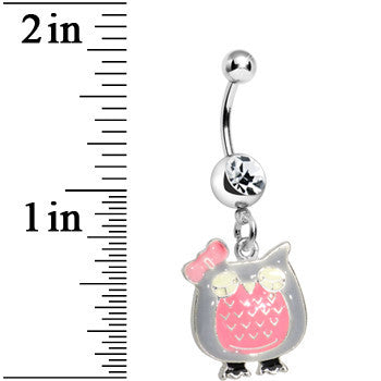BodyCandy Clear Gem Kooky Pink Owl Charm Dangle Belly Ring — detail close-up