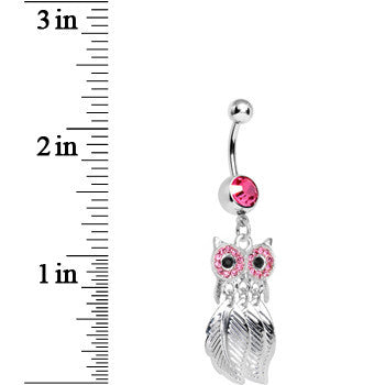 BodyCandy Clear Gem Pink Majestic Owl Leaves Dangle Belly Ring — detail close-up
