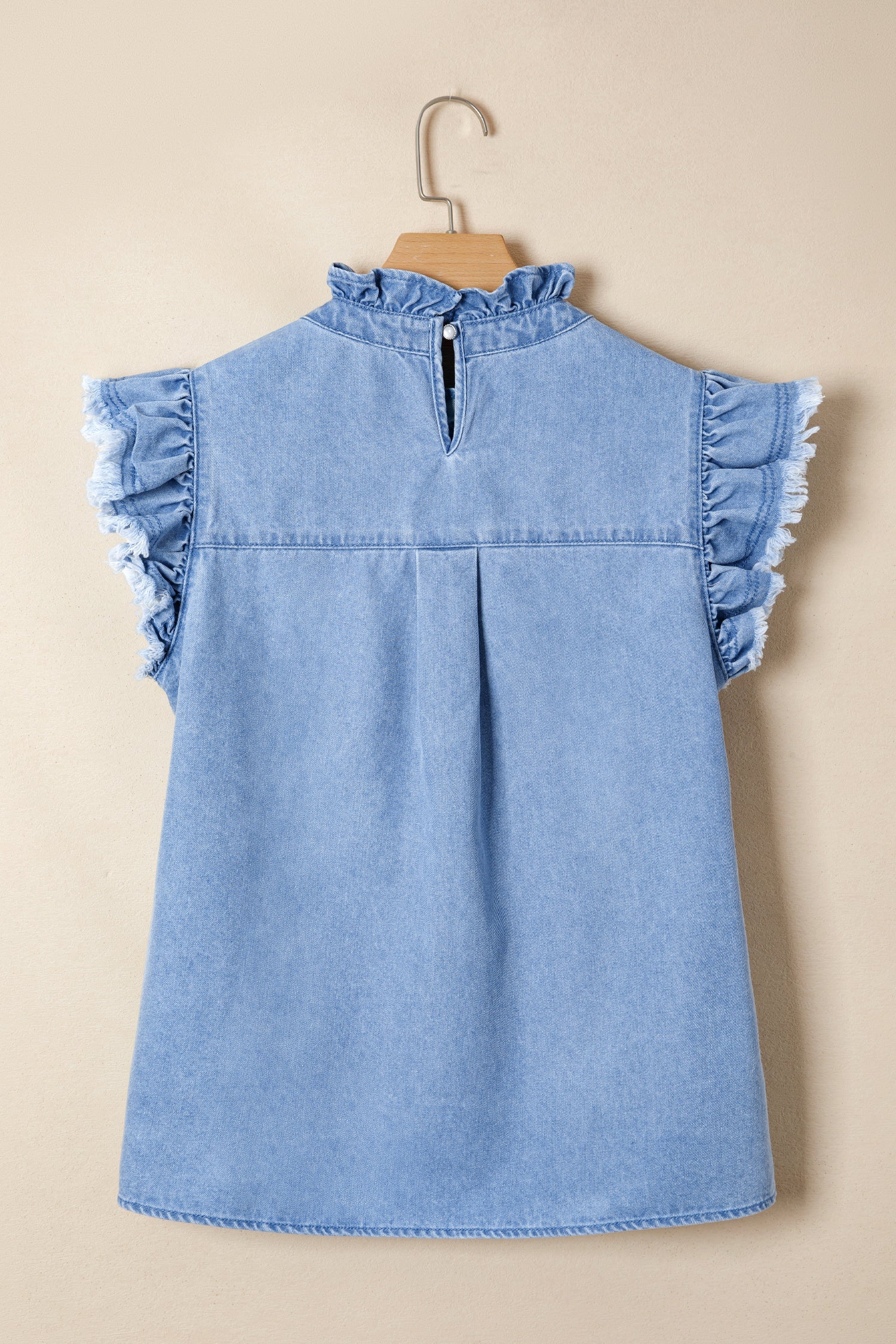 Frilled Collar Flutter Sleeve Denim Top
