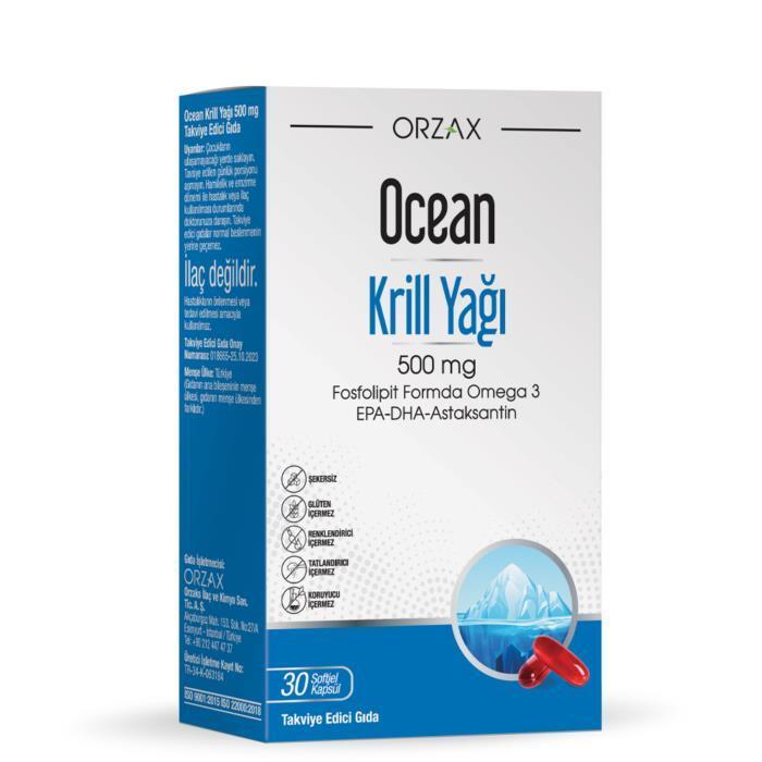 Ocean Krill Oil Supplement - 500 mg Omega-3 Fatty Acids, EPA DHA, Astaxanthin - 30 Softgel Capsules