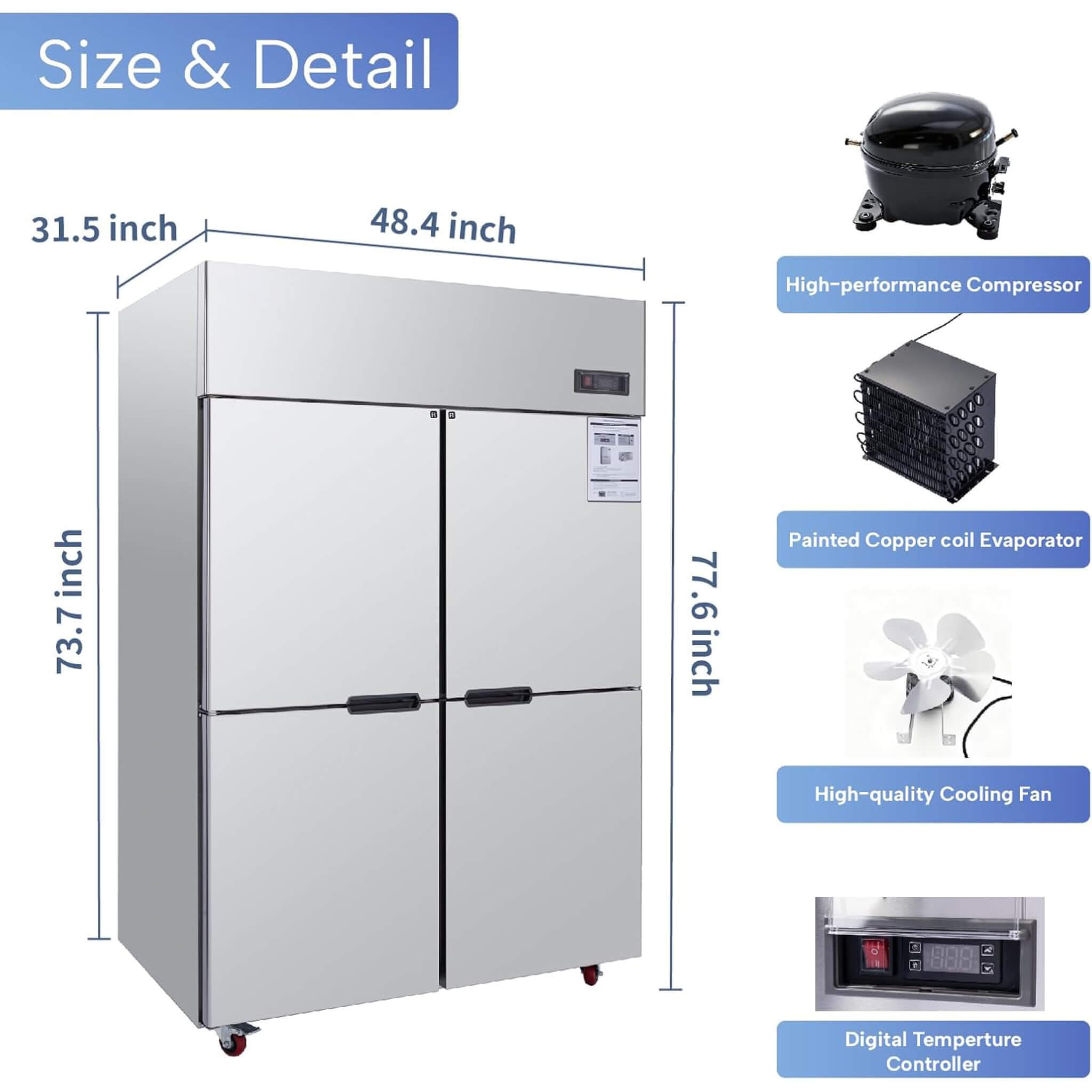 48-Inch Commercial 33 Cu.Ft Stainless Steel Reach-In Refrigerator With Four Split Doors (SAK83046) – SAKSBY WHOLESALE, view 9