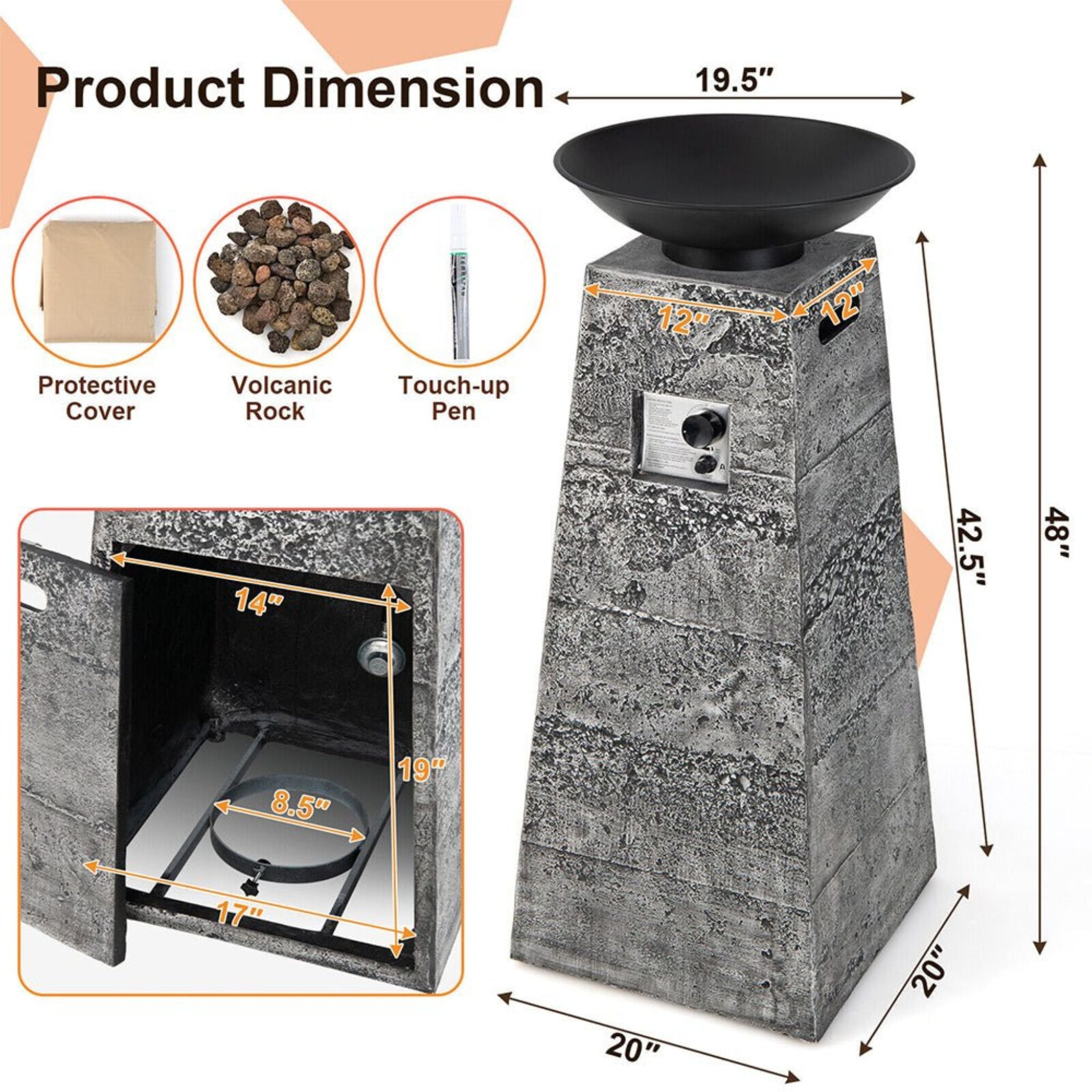48-Inch Large Outdoor Propane Fire Bowl Column With Cover & Lava Rocks (SAK70938) – SAKSBY WHOLESALE, view 9