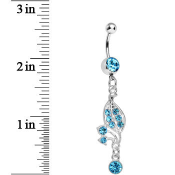 BodyCandy Aqua Gem Sprouting Petals Flower Dangle Belly Ring — detail close-up