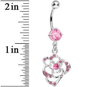 BodyCandy Pink Gem Heavenly Hollow Rose Flower Dangle Belly Ring — detail close-up