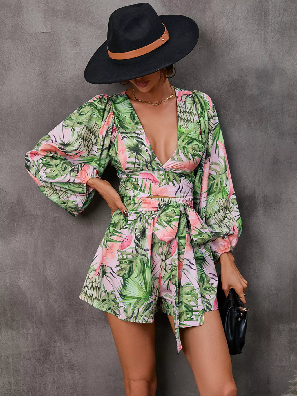 Cutout Front Printed Long Sleeve Romper