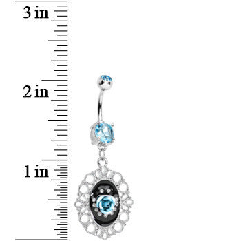 BodyCandy Aqua Gem Fantasy in Bloom Light Blue Rose Flower Dangle Belly Ring — detail close-up