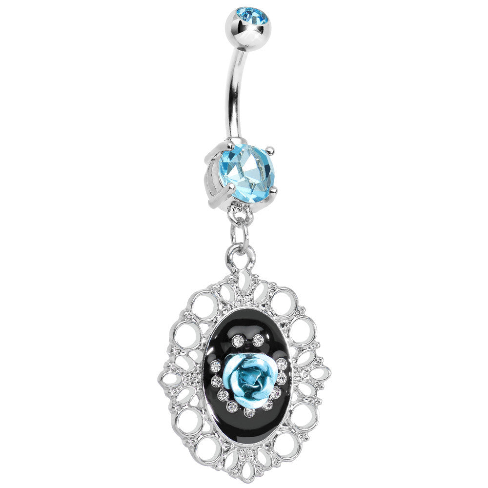 BodyCandy Aqua Gem Fantasy in Bloom Light Blue Rose Flower Dangle Belly Ring — main product shot