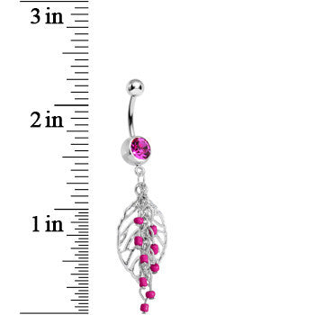BodyCandy Pink Gem Delicate Beaded Leaf Dangle Belly Ring — detail close-up
