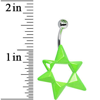 BodyCandy Green Gem Neon Modern Star of David Belly Ring — detail close-up