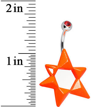 BodyCandy Orange Gem Neon Modern Star of David Belly Ring — detail close-up