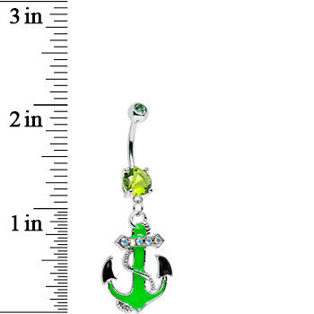 BodyCandy Green Aurora Gem Neon Black Tipped Anchor Dangle Belly Ring — detail close-up