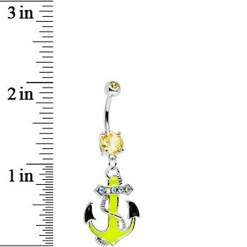 BodyCandy Yellow Aurora Gem Neon Black Tipped Anchor Dangle Belly Ring — detail close-up