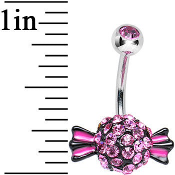 BodyCandy Crystalline Gem Paved Pink and Black Piece of Candy Belly Ring — detail close-up