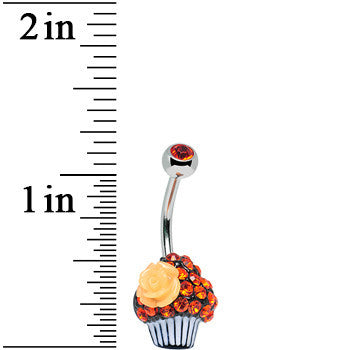 BodyCandy Orange Gem Paved Rose Flower Topped Cupcake Belly Ring — detail close-up