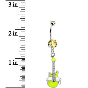 BodyCandy Double Yellow Gem Goddess of Rock Neon Guitar Dangle Belly Ring — detail close-up