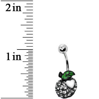 BodyCandy Clear Gem Paved Apple and White Heart Belly Ring — detail close-up