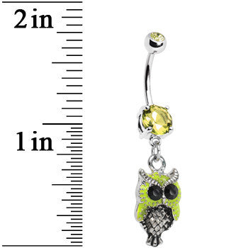 BodyCandy Yellow Gem Yellow Neon Hoot Owl Dangle Belly Ring — detail close-up
