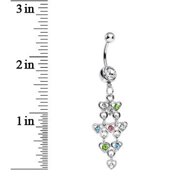 BodyCandy Clear Gem Rainbow Hearts Dangle Belly Ring — detail close-up