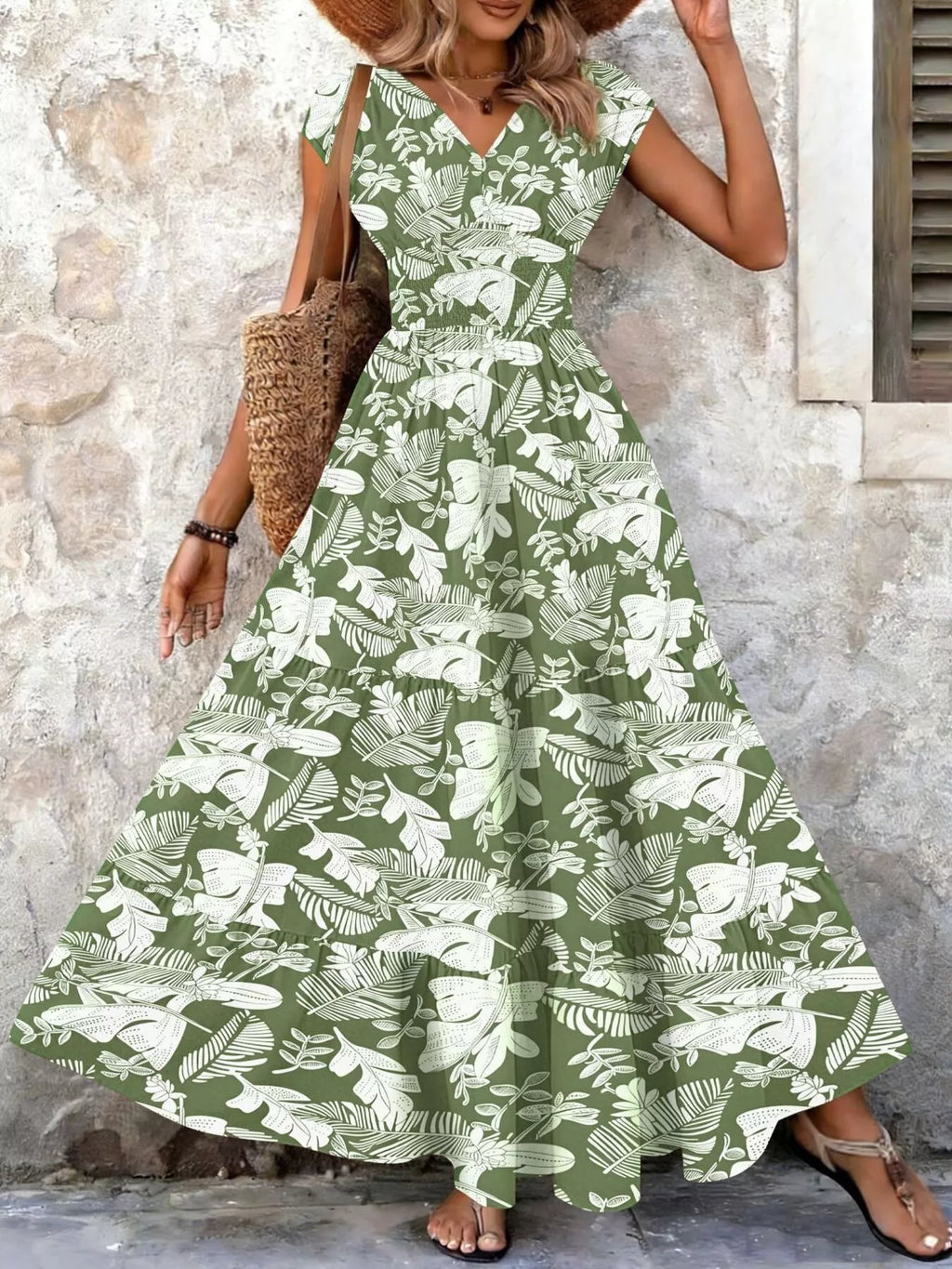 Full Size Printed V-Neck Tiered Maxi Dress Plus Size