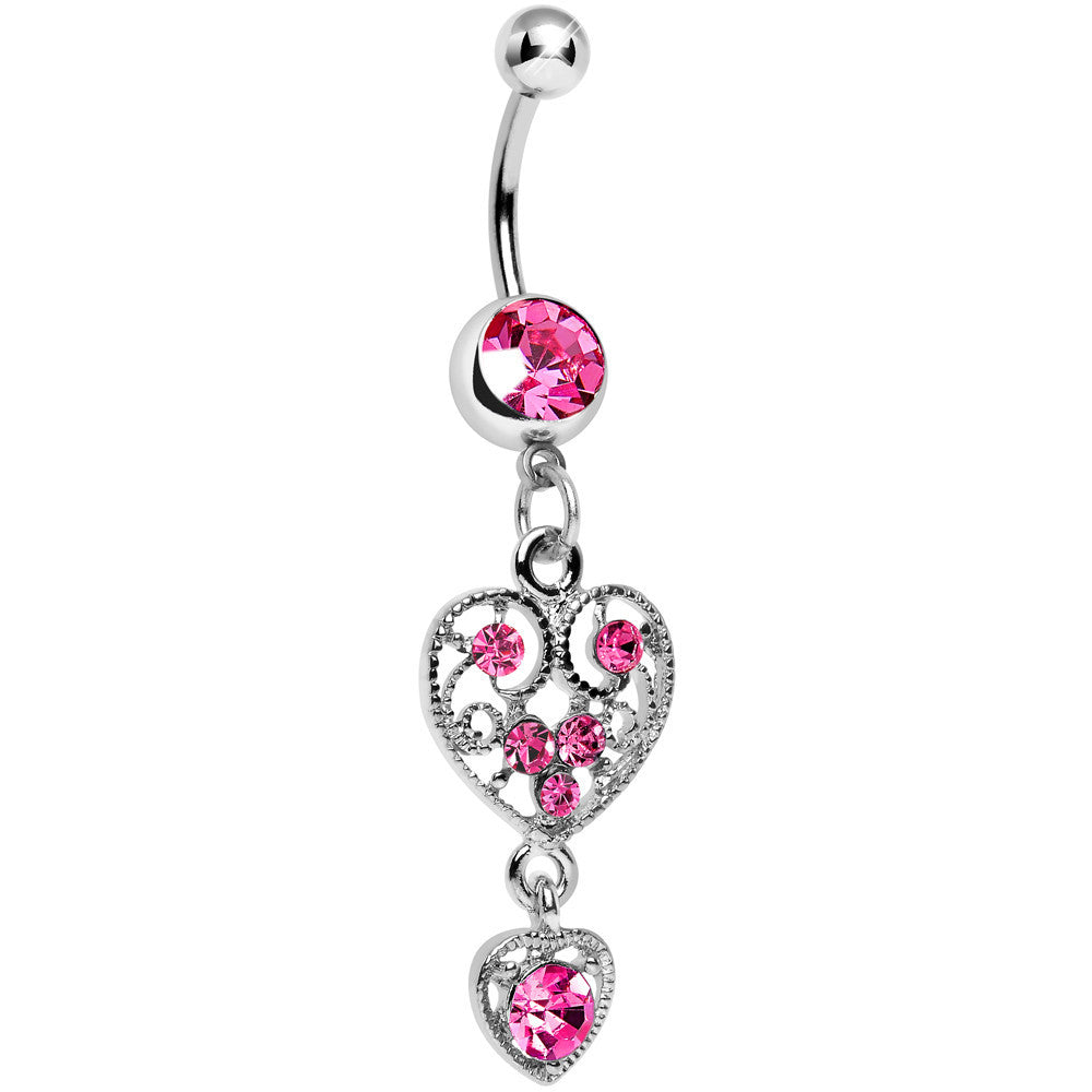 BodyCandy Pink Gem Double Fancy Hollow Heart Dangle Belly Ring — main product shot