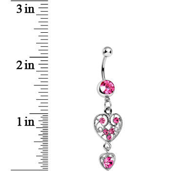 BodyCandy Pink Gem Double Fancy Hollow Heart Dangle Belly Ring — detail close-up