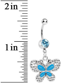 BodyCandy Aqua Gem Studded Wing Aqua Butterfly Dangle Belly Ring — detail close-up