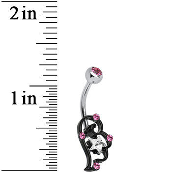 BodyCandy Pink and Clear Gem Star Over Black Puffy Wing Belly Ring — detail close-up