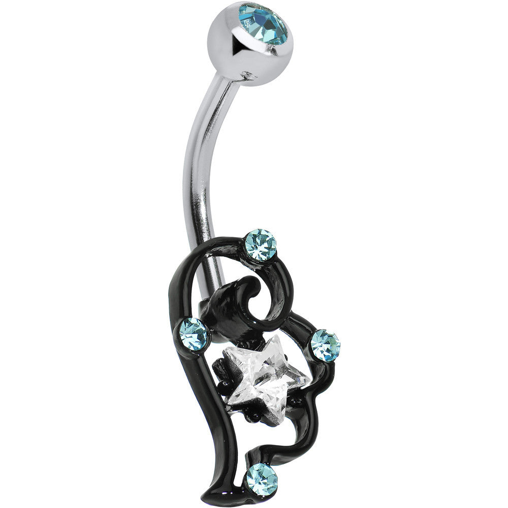 BodyCandy Aqua and Clear Gem Star Over Black Puffy Wing Belly Ring — main product shot