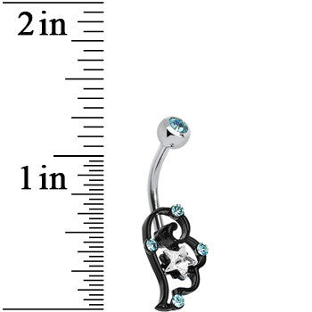 BodyCandy Aqua and Clear Gem Star Over Black Puffy Wing Belly Ring — detail close-up