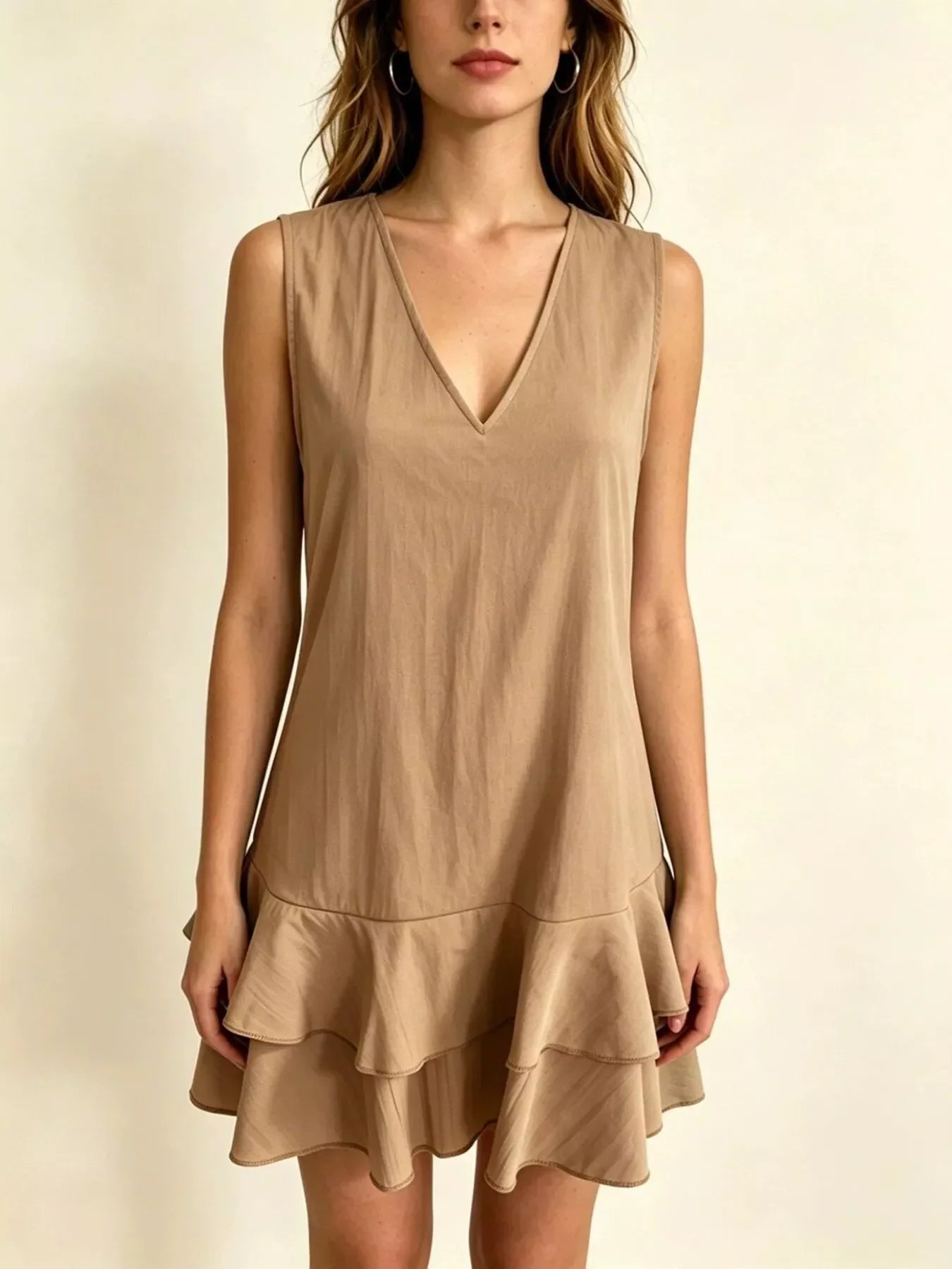Full Size Sleeveless V-Neck Tiered Ruffle Mini Dress Plus Size