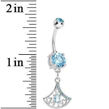 BodyCandy Aqua Gem Inverse Filigree Fan Dangle Belly Ring — detail close-up