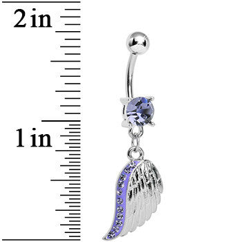 BodyCandy Purple Gem Shimmering Angel Wing Dangle Belly Ring — detail close-up