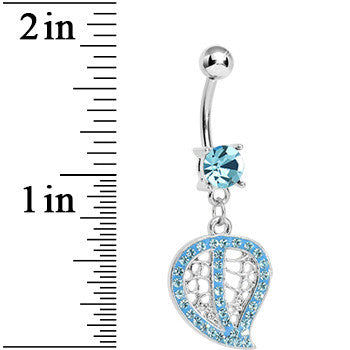 BodyCandy Aqua Gem Paved Hollow Leaf Dangle Belly Ring — detail close-up