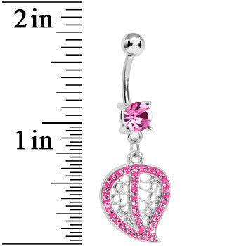 BodyCandy Pink Gem Paved Hollow Leaf Dangle Belly Ring — detail close-up