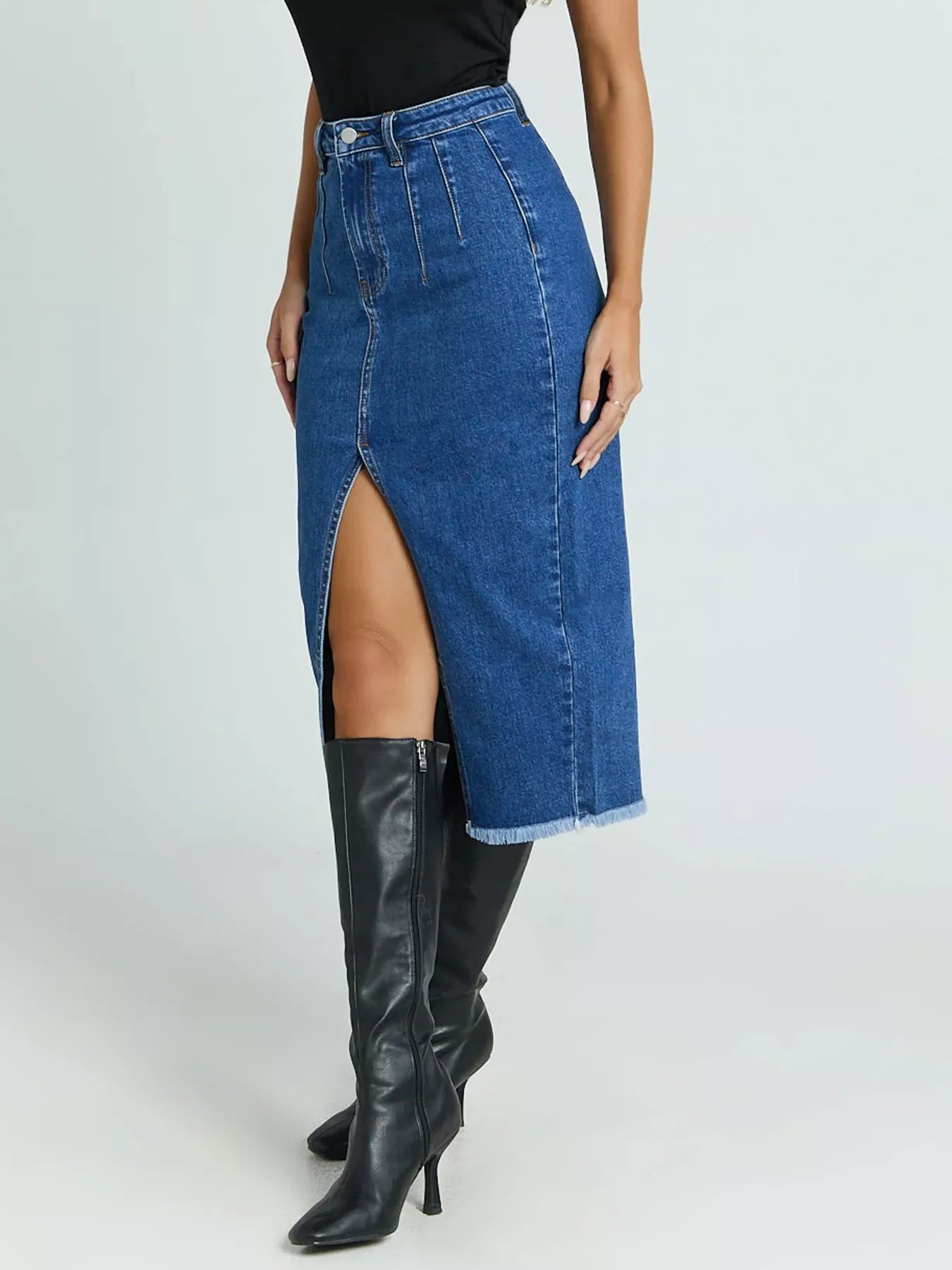 High-Waisted Slit Denim Skirt