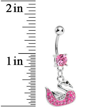 BodyCandy Pink Gem Paved Pink Swan Dangle Belly Ring — detail close-up