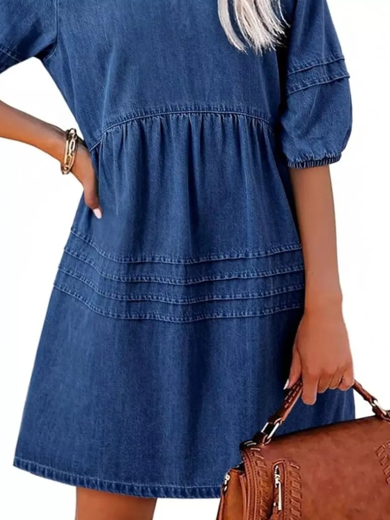 Casual V-Neck Puff Sleeve Denim Mini Dress