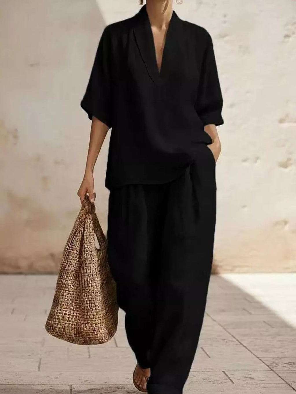 Full Size Half Sleeve Top and Wide Leg Pants Set Plus Size