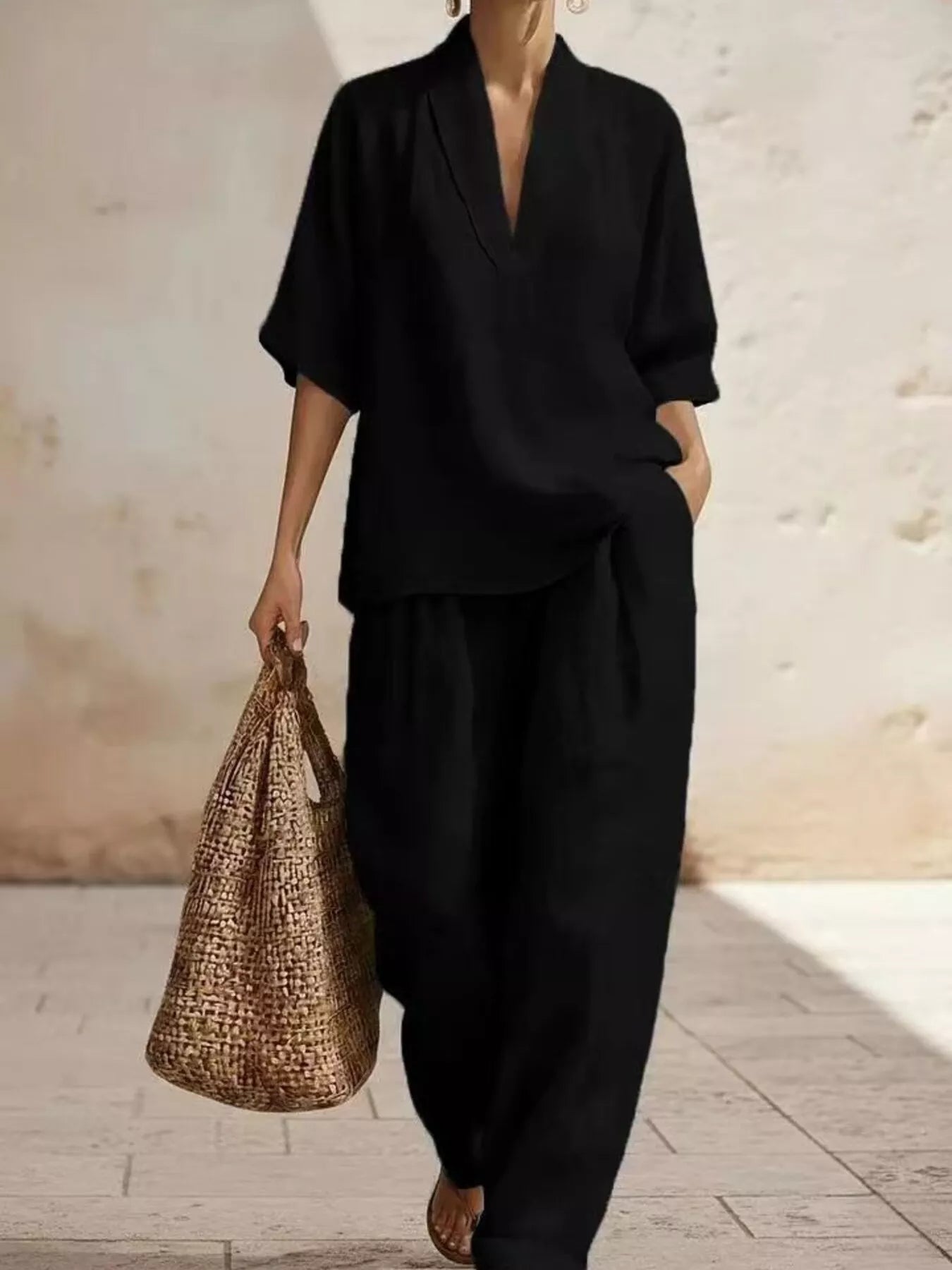 Full Size Half Sleeve Top and Wide Leg Pants Set Plus Size