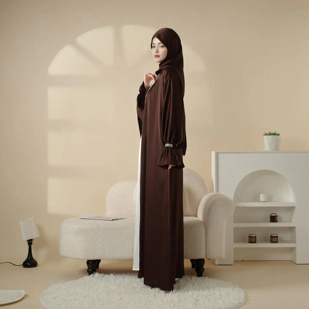 Mariam's Collection Poet Sleeve Satin Open Abaya With Matching Belt and Hijab (MOA009) — main product shot